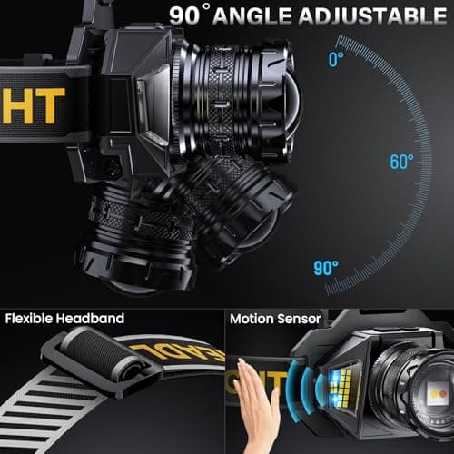 AKNEAR Rechargeable LED Headlamp with Red Light, 99000 High Lumens Head Lamp, Motion Sensor & 7 Modes & 95H Runtime, Zoomable & 90° Adjustable, IPX7 Waterproof Head Light for Adults, Outdoor (1 Pack) — view 5