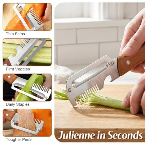 2026 Upgrade Vegetable Peeler With Wooden Handle, Stainless Steel Wide Blade Potato and Carrot Peeler, 3-in-1 Veggie Peeler With Scallion Shredder and Bottle Opener for Kitchen, Camping and Travel — view 7