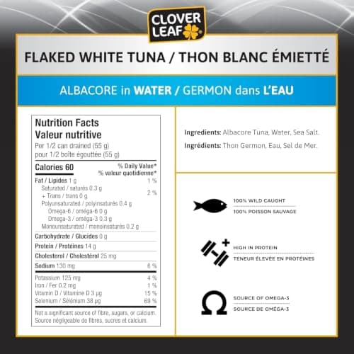 Clover Leaf Flaked White Albacore Canned Tuna in Water - 170g, 24 Count - Excellent Source of Protein, 14g per 55g Serving Drained - 100% Wild-Caught and Traceable