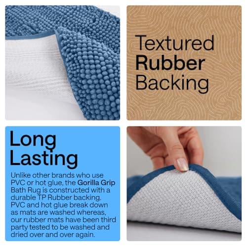 GORILLA GRIP Bath Mat, Thick Soft Absorbent Chenille Floor Mats, Rubber Backing Bathmat, Quick Dry Rug, Machine Washable Rugs for Shower and Tub Floors, Bathroom Accessories Decor, 61x43 cm, Blue — view 2