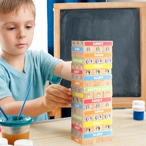 Bluey 8th Wonder Stackable Tumbling Tower Game, Robust Wooden Stacking Game with 54 Illustrated Colored Blocks, Fun Balancing Toy for Kids Ages 3+