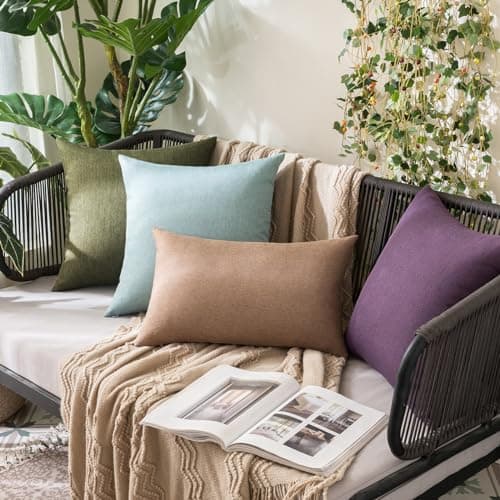 MIULEE Pack of 2 Decorative Outdoor Solid Waterproof Throw Pillow Covers Polyester Linen Garden Farmhouse Cushion Cases for Patio Tent Balcony Couch Sofa 18x18 inch Olive Green — view 3