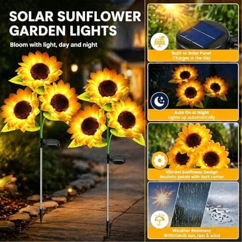 2PCS Solar Sunflower Lights Garden Stake, Garden Decor，800mAh Waterproof Garden Stake Lights with Realistic Flowers，Yellow, 6 Flowers, Outdoor Decorative Lawn Ornament