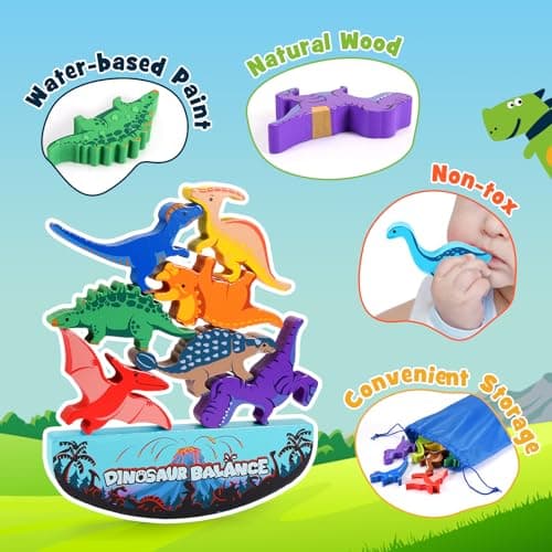 IPOURUP Dinosaur Toys for Kids 3-5: Wooden Stacking Montessori Toys for 3 4 5 6 7 8 Year Old Boys Girls Birthday Gifts for Kid Ages 4-8 Balance Competition Game for Family Stocking Stuffers — view 4
