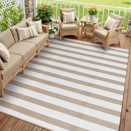 PureCozy Outdoor Waterproof Patio Rug 6x9 Plastic Straw Reversible Lightweight Outside Beige Stripe Large Carpet Outdoor for Camping RV Porch Deck Balcony Beach — view 5