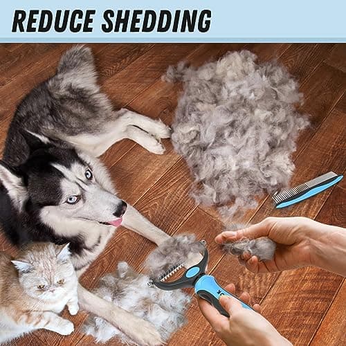 Docrok Pet Grooming Combo - Blue Deshedding Brush with Metal Comb for Detangling and Dematting Long, Matted Fur on Cats and Dogs — view 4