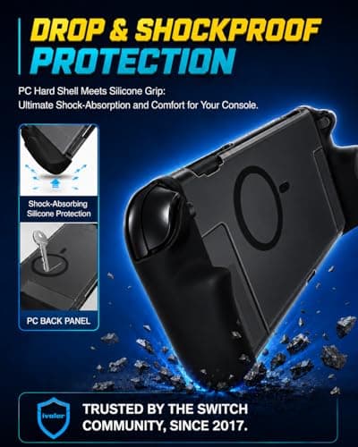 ivoler 5-in-1 Split Protective Case for Nintendo Switch 2, Dockable & Magnetic Accessory Compatible PC Hard Cover, Quick-Release Silicone Joy-Con Grips, 2-Pack 9H Glass Screen Protectors - Black — view 5