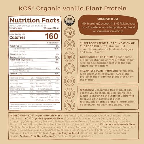 KOS Vegan Protein Powder Erythritol Free, Vanilla USDA Organic - Pea Protein Blend, Plant Based Superfood Rich in Vitamins & Minerals - Keto, Dairy Free - Meal Replacement for Women & Men, 28 Servings — view 7