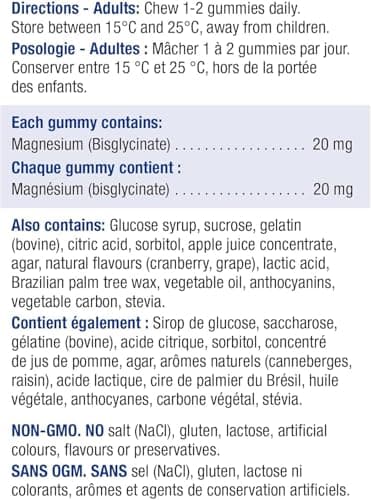 Jamieson 100% Pure Magnesium Bisglycinate 20 mg Gummies Cranberry Grape Flavour, Not Blended, Magnesium Oxide Free, Supports Bone Development and Muscle Function, Source of Electrolytes, No Artificial Colours, Flavours, or Preservatives, 60 Count — view 5