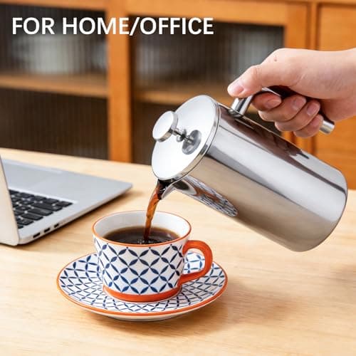 CAOANTRY French Press Coffee Maker, 304 Grade Stainless Steel French Press with 2 Extra Filters for Home, Office, Travel, Camping - 34OZ/1 Litre (Sliver) — view 5