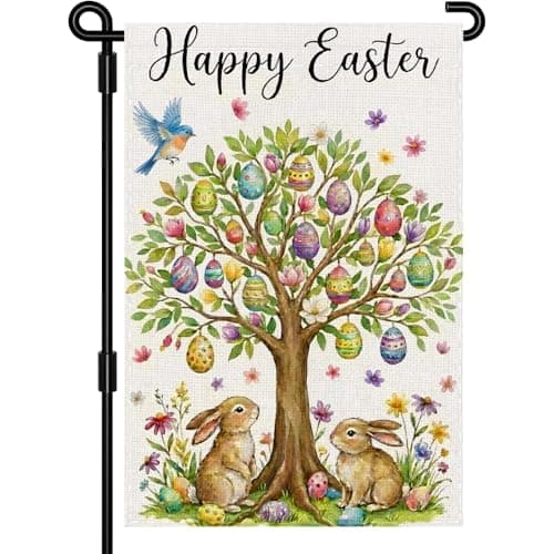SMBLCE Happy Easter Garden Flag 12 x 18 Inch Double Sided Outside Flag, Easter Eggs Tree Bunny Yard Outdoor Easter Holiday Decoration