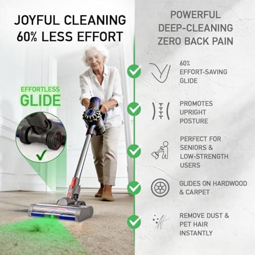 Upgrade Anti-Tangle Replacement Head for Dyson: V7 V8 V10 V11 V15 Motorized Vacuum Head with Green LED and Engineered Wheel - 60% Effortless Glide for Carpet & Hard Floor — view 4