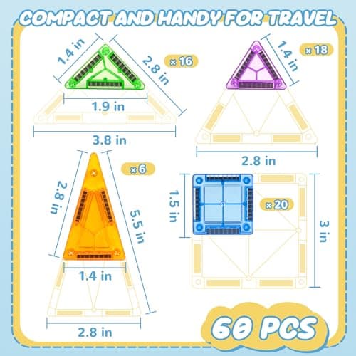 cossy Mini Magnetic Tiles, 60 PCS Magnet Tiles Travel Toys with Iron Box, Travel Magnetic Tiles for Restaurant, Car & Plane Play, Toys for 3 4 5 6 7 8 Year Old Boy and Girl — view 3