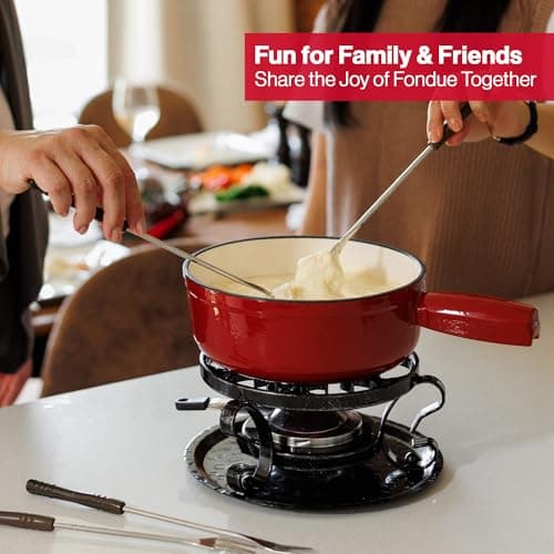 Swissmar Lugano Cast Iron Cheese Fondue Set, 9-Piece, 2 QT / 2 L - Ideal for Melting Cheese, Chocolates, Caramel, & More - Perfect for Kitchen Collection & Gift Giving - Cherry Red — view 5