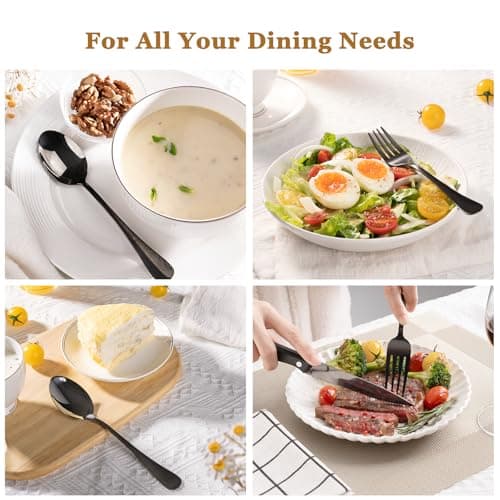 Astercook 24-Piece Black Silverware Set with Steak Knives Flatware Set for 4 Food-Grade Stainless Steel Cutlery Set Mirror Polished Utensils Set Include Spoons and Forks for Home Kitchen Restaurant — view 6