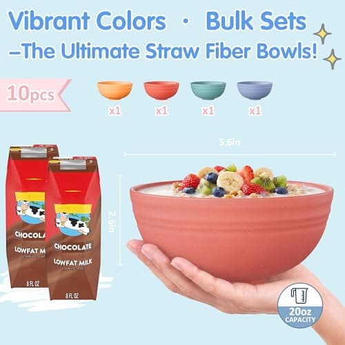 Quatish 10 PCS Unbreakable Cereal Bowls,Dishwasher & Microwave Safe Wheat Straw Bowls, Easy-to-Clean Lightweight Desserts & Soup Bowl, Portable for Picnics ，Snack Plastic Bowls Set，Multi-Color — view 3