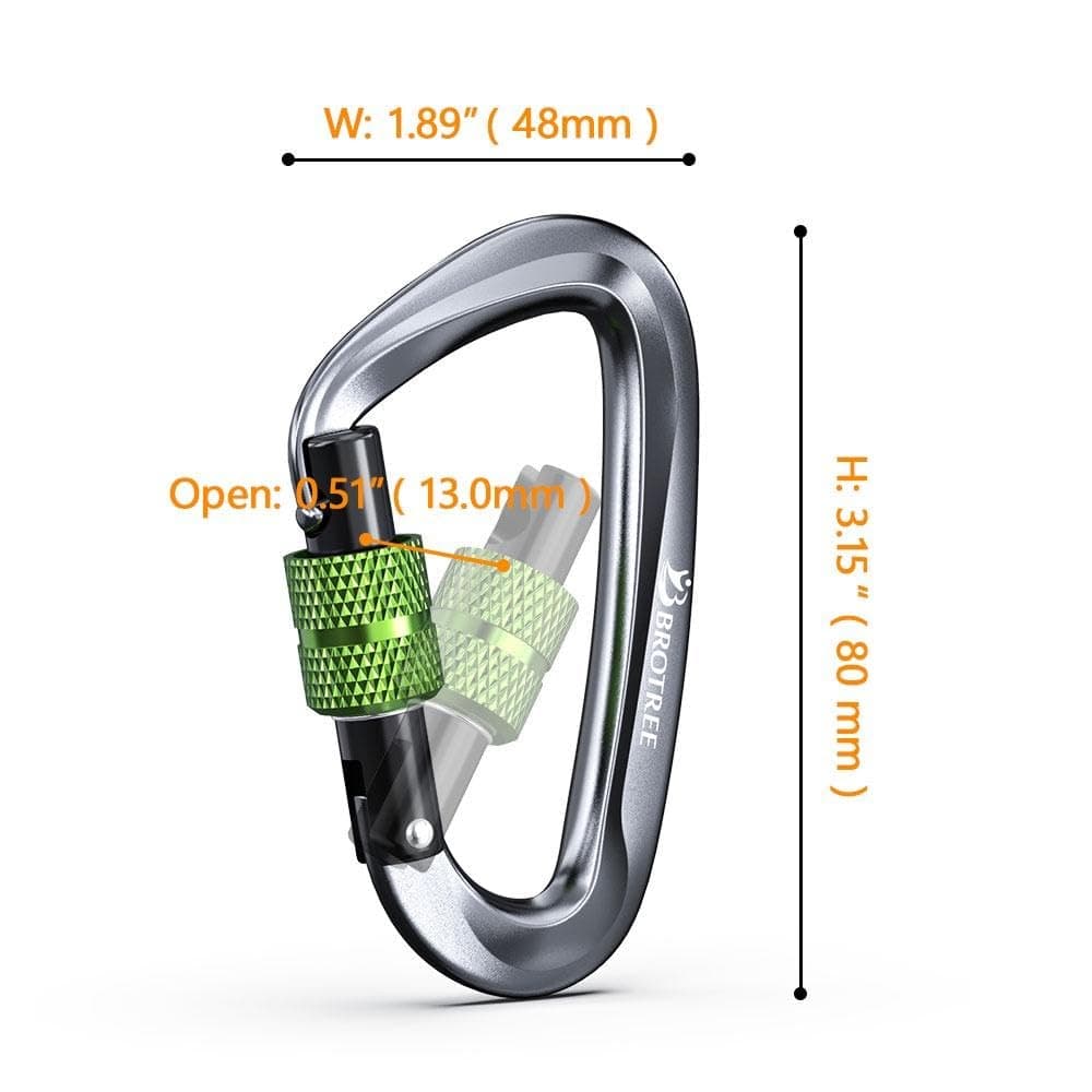 Brotree Mosquetones de Bloqueo 12KN (1200 kg) Mosquetón de Aluminio Resistente con Cierre de Resorte para Hamaca, Senderismo, Gimnasio - Seguridad 8cm Forma de D Mosquetones con Seguro — view 2