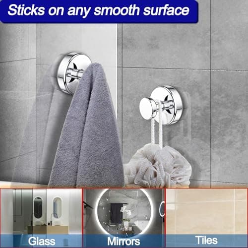 Bntuk Suction Cup Hooks for Shower, Removable Towel Hooks for Bathroom Window Glass Door Wall, Bath Robe Looafh Hook for Hanging - 2 Pack, Chrome — view 2