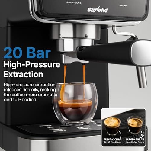 SUNVIVIPRO 20 Bar Espresso Machine with Detachable Milk Frother, Iced Coffee Maker for Espresso, Cold Brew, and Americano, 52OZ Removable Water Tank, Coffee Machine for Home and Office, Black