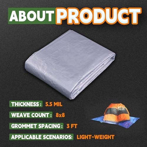 RAINDEWAY Tarps 8x10 Feet, 5.5 Mil - Multipurpose Waterproof Poly Tarp Cover with Metal Grommets and Reinforced Edges, Silver/Blue Tarp — view 6