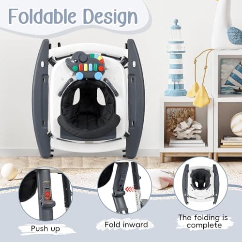 CiuseiAnx 5 in 1 Baby Walker Foldable Music and Lights with 5 Adjustable Heights, Baby Walker with Wheels Portable, Infant Toddler Walker for Baby Boy Girls 6-18 Months (D-Grey) — view 3
