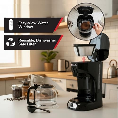 Mueller 12-Cup Drip Coffee Maker - Borosilicate Carafe, Auto-Off, Reusable Filter, Anti-Drip, Keep-Warm Function, Clear Water Level Window Coffee Machine, Kitchen Essentials & Accessories — view 4