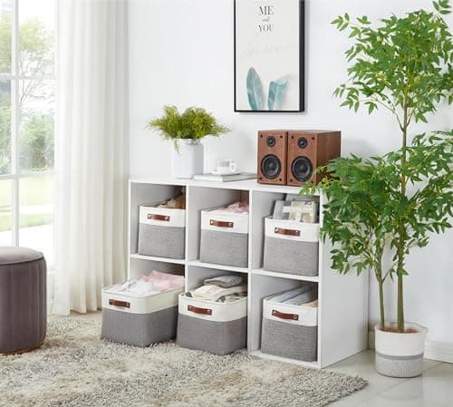 DECOMOMO Storage Baskets for Shelves - Fabric Storage Bins, Linen Closet Organizers and Storage (Grey & White, Large - 3 Pack) — view 4