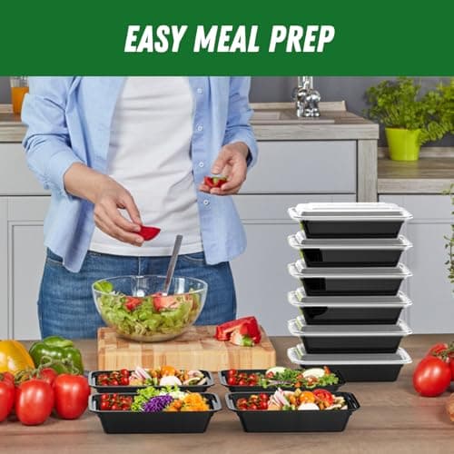 50 Pack (100-Piece) 32 oz Meal Prep Containers Reusable with Easy Open Lids, Sturdy Leakproof Food Safe, Microwave Freezer Dishwasher Safe, To Go Take Out Plastic Food Storage Pans with Lids, Black — view 5