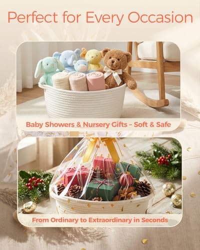 SUNCOLOR Small Woven Gift Basket Set with Cut Paper Shred Filler, Pull Bow & Cellophane Bag, 12x8x5 Inch Durable Cotton Rope Storage Basket for Easter, Baby Shower, Birthday — view 4