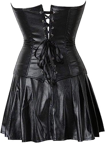 KSHUN Women's Plus Size Leather Steampunk Corset Skirt Set Sexy Punk Rock Gothic Corset Dress (Black,3X-Large) — view 3