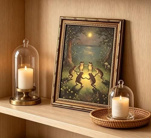 Vintage Gold Framed Frog Wall Art,Frogs Dancing in Moonlight Forest Painting Canvas Prints,Whimsical Animal Wall Decor,Retro Country Toad Poster Artwork,for Corridor Living room Bedroom Kitchen — view 7