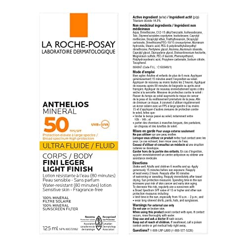 La Roche-Posay Anthelios Mineral Body Sunscreen, Gentle Lotion Broad Spectrum SPF 50, Face and Body Sunscreen with Titanium Dioxide, Water Resistant, Fragrance Free, 125mL