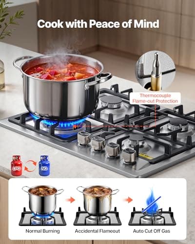 VEVOR 24 inch Gas Cooktop 4 Burners Gas Stove Top, Max 27000BTU Built-in Stainless Steel Stove Top LPG/NG Convertible Dual Fuel Cooktop Stoves with Thermocouple Protection for Kitchen Apartment Rvs — view 3