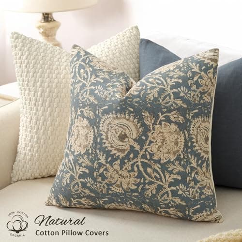 Vintage Floral Print Throw Pillow Covers 18x18 Set of 2 Neutral Modern Farmhouse Pillowcases Accent Decorative Cushion Covers Boho Home Decor for Couch Sofa Chair Bed Living Room, Dusty Blue