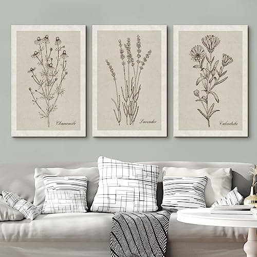 NWT Canvas Print Wall Art Set Retro Vintage Antique Garden Wildflowers Nature Wilderness Illustrations Modern Art Decorative Minimalist Floral Botanical Flowers for Bedroom - 24"x36" x 3 — view 2