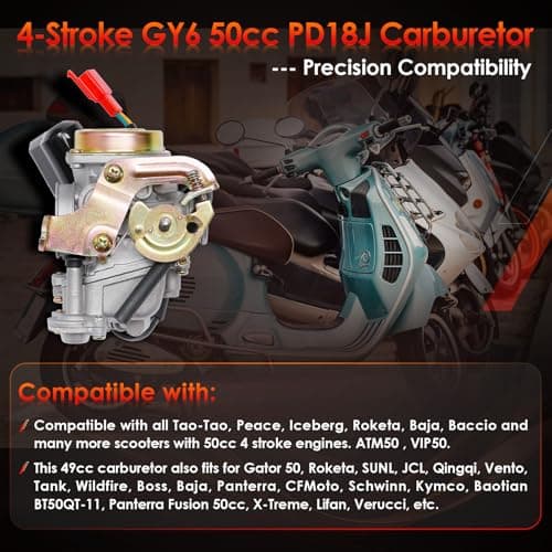 PD18J Carburetor 18mm Replacement for GY6 49cc 50cc 80cc 139QMB 139QMA 4 Stroke Moped Engine for Taotao Kymco Scooter with Fuel Filter Spark Plug Intake Manifold — view 2