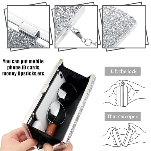 Kigeli 4 Pieces Women Rhinestone Evening Clutch Bag Bling Earring Necklace Bracelet for Wedding Graduation Prom(Silver) — view 2