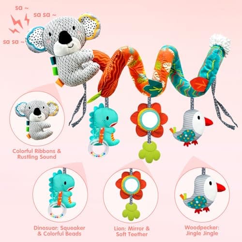 MONSTIME Car Seat Toys for Babies 0-6 Months, Newborn Toys Baby Toys 0-3 Months Stroller Toys, Infant Toys 0-6 Months for Carseat Stroller Crib with Mirror, Rattle, Teether for 0 3 6 9 12 Boys Girls — view 3