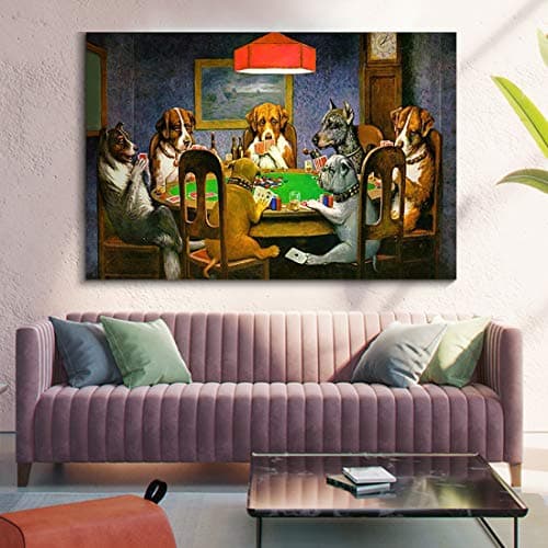 Denozer Dogs Playing Poker Canvas Wall Art Prints 36 x 24 inch Chess and Cards Room Anthropomorphic Dog Game Painting Funny Home Decor Picture for Living Room Bedroom — view 3