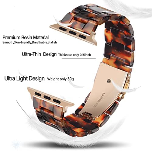 HOPO Compatible With Apple Watch Band 38mm 40mm 42mm 44mm Thin Light Resin Strap Bracelet With Stainless Steel Buckle Replacement For iWatch Series Ultra 9 8 7 6 5 4 3 2 1 SE(Tortoiseshell/Rose — view 4