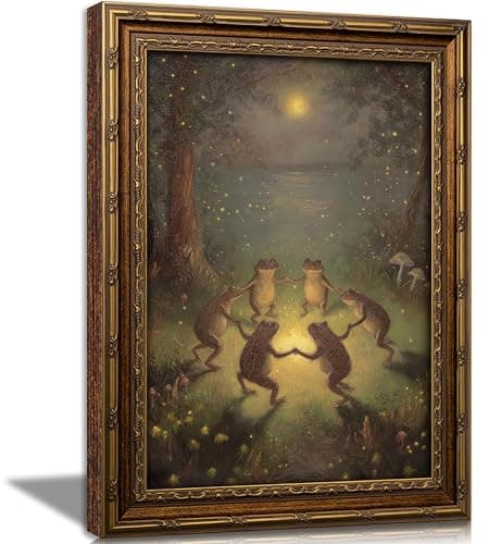 Vintage Gold Framed Frog Wall Art,Frogs Dancing in Moonlight Forest Painting Canvas Prints,Whimsical Animal Wall Decor,Retro Country Toad Poster Artwork for Corridor Living room Bedroom Kitchen