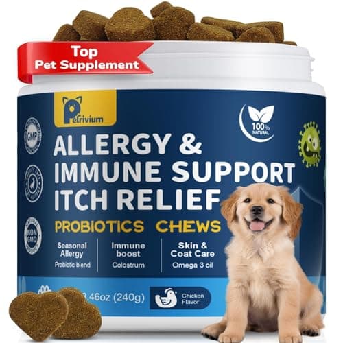 Dogs Allergy & Itch Relief Chews, Dog Probiotics for Skin & Immune Support Helps Relieve Itchy Skin & Ear, Dog Allergy Supplement for Paw Licking, Itching Skin Relief with Colostrum, Fish Oil (Brown)