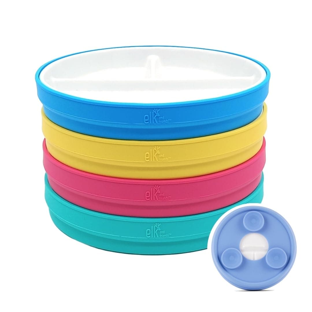 Elk and Friends Kids 6.7” Porcelain White Divided Plates with Silicone Sleeves | Suitable for Babies/Toddlers | Microwave & Dishwasher Safe | Non Slip Dinnerware | Snack Dishes | 4 Pack — view 22
