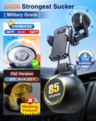 VANMASS [85+LBS Strongest Suction & Military-Grade] 2026 Ultimate Car Phone Holder [Patent & Safety Certs] Cell Mount Truck Stand Cradle for Dashboard Windshield Vent for iPhone 17 Pro Max 16 15 14 — view 2
