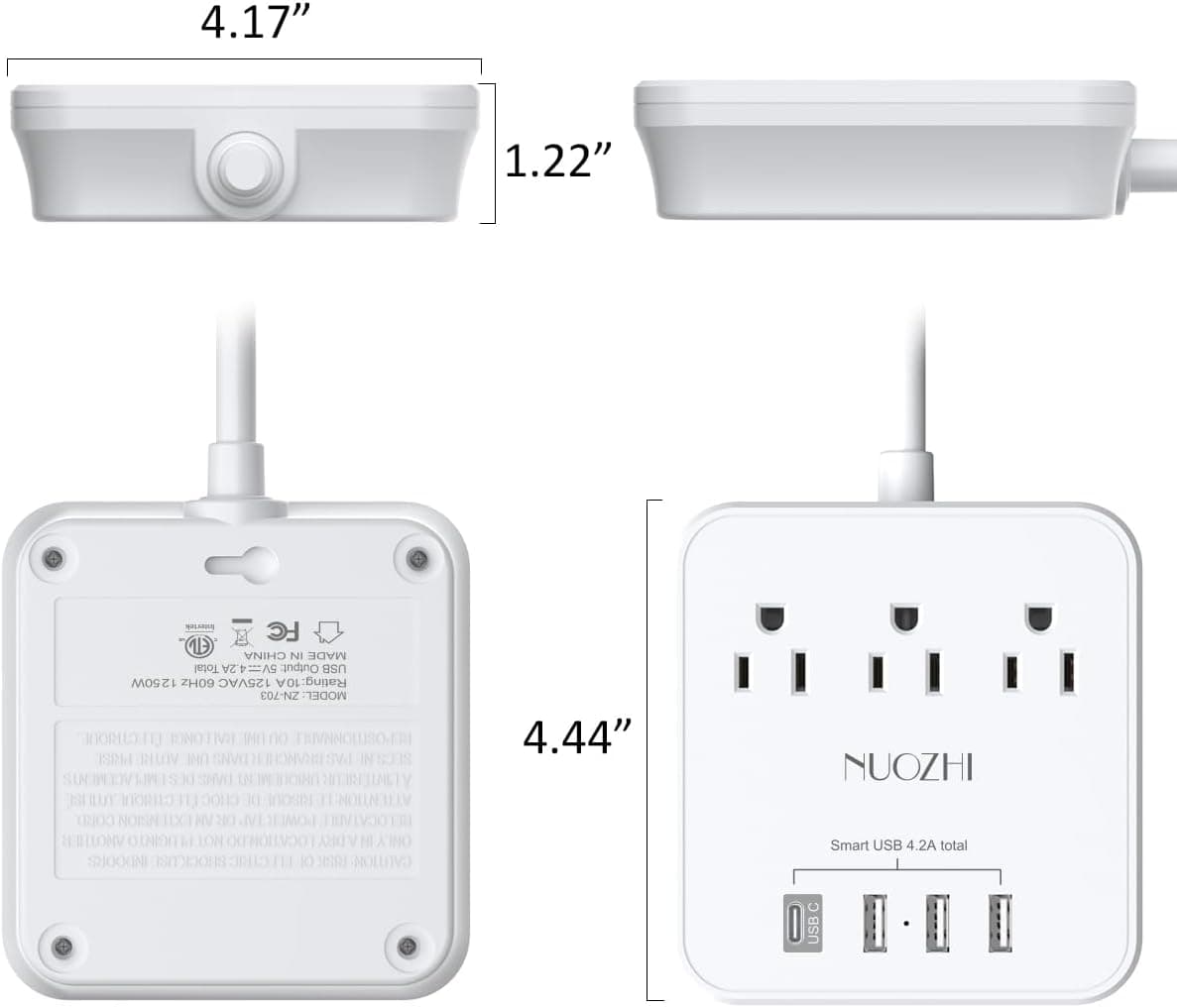 Cruise Essentials, NUOZHI 6 Ft Power Strip with 3 Outlets and 4 USB Ports(1 USB C), Non Surge Protector for Cruise Ship, Travel, Home Office, ETL Listed, White 6 Ft White — view 6