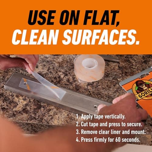 Gorilla Tough & Clear Double Sided Mounting Tape, Hanging, Instant 15lb Strong Hold, Permanent Bond, Weatherproof, 1 in x 60 in, Clear, (Pack of 1), 6065101 (Packaging May Vary) — view 3