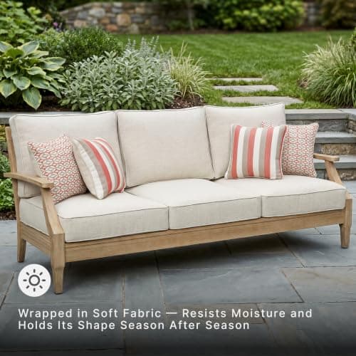 Signature Design by Ashley Clare View Outdoor Patio Sofa, 4 Throw Pillows, Nuvella Weather Resistant Fabric, Eucalyptus Wood, 81" W x 35" D x 32" H, Beige — view 5