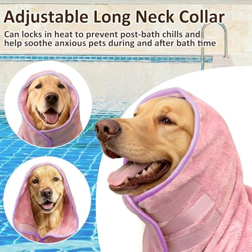 Soft Dog Bathrobe Fast Drying Dog Coat, Super Absorbent Dog Towels for After Bath, Microfiber Pet Robe Adjustable Collar & Belly Warm Keeping Dogs Coat for Pet Dogs & Cats (Pink, X-Large) — view 3
