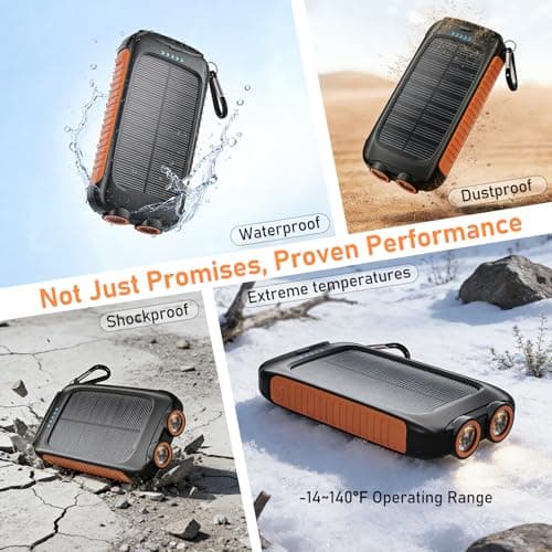 Solar Power Bank 20000mAh, Orange Portable Charger with USB-C USB-A Outputs, Emergency Backup Battery Pack, LED Flashlight, for iPhone Samsung Android – Solar for Emergency Only, Perfect for Camping — view 4