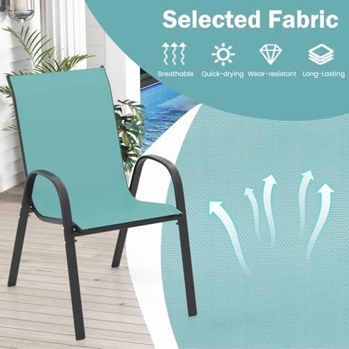 COSTWAY Patio Dining Chairs Set of 4, Stackable Outdoor Chairs with Armrest and High Back, Breathable Fabric & Metal Frame Chair for Garden Poolside Backyard Deck (Turquoise) — view 3